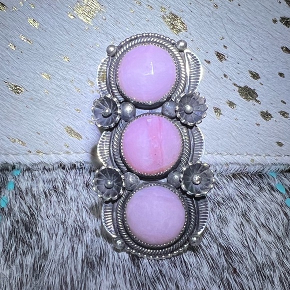 Faceted Peruvian pink opal sterling silver ring Navajo - Picture 4 of 6
